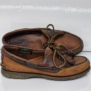 Timberland Hand Sewn Brown Leather Two Eye Boat Shoes, Tassle Laces, EUC, size 6
